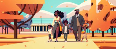 Kentsel parkta birlikte yürüyen ebeveynler ve küçük çocuklar Afro-Amerikan anne-baba ve çocuklar birlikte ayakta büyük aile kavramı tam yatay arka plan vektörü