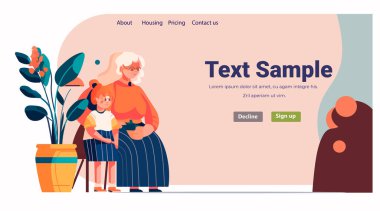 Büyükanne torununa evde sarılıyor. Aile ebeveynliği çocuk bakımı kavramını seviyor. Yatay fotokopi alanı çizimi.