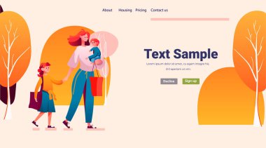 Anne, küçük kızıyla yürüyor aile ebeveynliği kavramını seviyor anneler günü kartı şablonu çocuklarla yatay fotokopi uzay çizimi yapıyor.