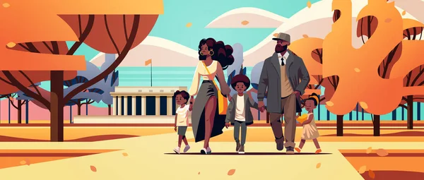 Padres Hijos Pequeños Caminando Juntos Parque Urbano Afroamericano Madre Padre — Vector de stock