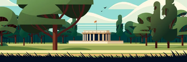 行政政府传统古典建筑的前景与柱式公共夏季城市公园水平向量图 — 图库矢量图片