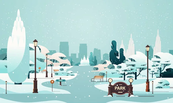 Holzbänke Und Bäume Verschneiten Öffentlichen Winterpark Schneefall Stadtbild Hintergrund Horizontale — Stockvektor