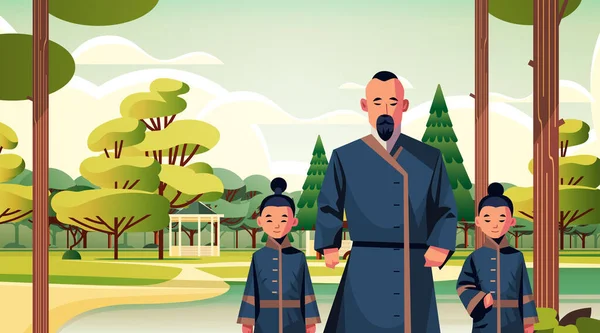 Японский Отец Дети Гуляющие Городском Парке Вместе Отцовство Счастливая Концепция — стоковый вектор