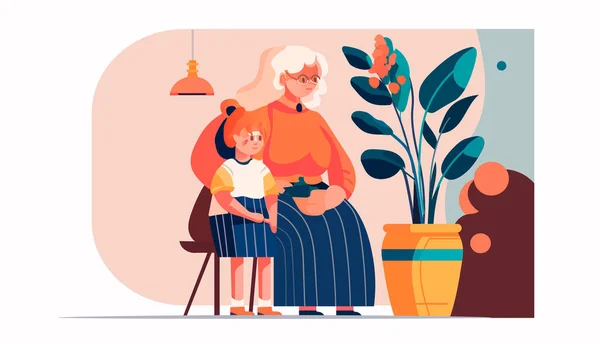 Grand Mère Étreignant Avec Petite Fille Maison Aimant Parentalité Familiale — Image vectorielle