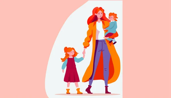 Mor Promenader Med Sina Små Döttrar Kärleksfull Familj Föräldraskap Barnomsorg — Stock vektor