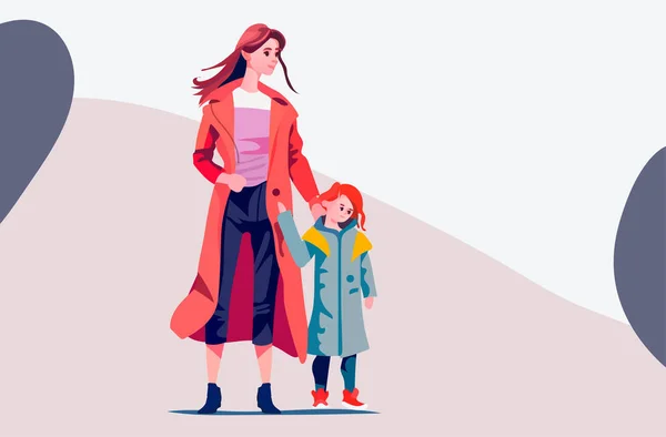 Mother Walking Her Little Daughter Loving Family Parenthood Childcare Concept — Stock Vector