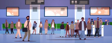Metro toplu taşıma istasyonunun otomatik bilet kapısında çoklu etnik gruplar. Karışık yarış girişinde kadınlar tam boy vektör illüstrasyonları yapıyor.