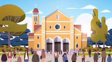 Kilise binasının yanında duran çok ırklı grup karışık ırk erkekler açık havada yürüyen din kültürü kavramı yatay vektör ilülasyonu kalabalığı.