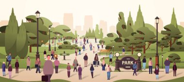 Çok ırklı insanlar grup halinde yürüyorlar açık havada yarış erkekler kalabalık şehir parkının arka planında tam boy vektör illüstrasyonunda