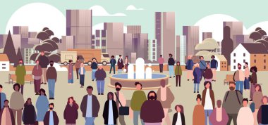 Çok ırklı insanlar grup halinde yürüyorlar açık havada yarış erkekler kalabalık şehir parkının arka planında tam boy vektör illüstrasyonunda