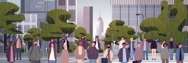 Çok ırklı insanlar yağmur altında yürüyorlar karışık yarış erkekleri şehir parkında, arka planda, yatay vektör illüstrasyonunda zaman geçiriyorlar.