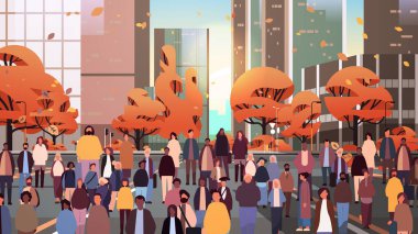 Çok ırklı insanlar grup halinde yürüyorlar açık hava yarış erkekleri kadın kalabalık şehir manzarası arka planı boyunca ilerliyorlar tam boy vektör illüstrasyonları