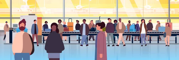 Multiethnic People Group Mix Race Men Women Passengers Airport Terminal — Stock Vector