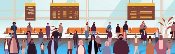 Gruppo Multietnico Misto Razza Uomini Donne Passeggeri All Aeroporto Terminale — Vettoriale Stock