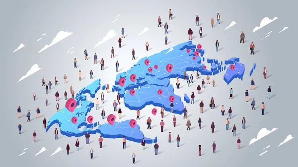 Grupo Pessoas Multiétnicas Mapa Mundo Com Pinos Localização Misturar Raça — Vetor de Stock
