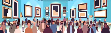 Modern sanat galerisi veya müze yatay portre illüstrasyonunda kadınlar ırk erkeklerini birbirine karıştırıyor