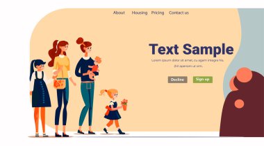 Parkta küçük çocuklarla yürüyen kadınlar aile ebeveynliği kavramını seviyorlar anneler günü kartı, çocuklarla yatay fotokopi uzay çizimi yapan kızları gösteriyor.