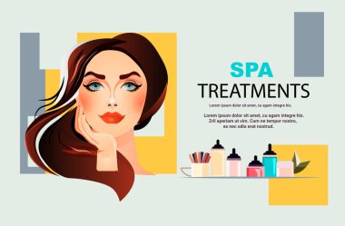 Güzel makyajlı, güzel, profesyonel makyaj salonu olan güzel bir kadın. Moda konsepti. Yatay fotokopi alanı çizimi.