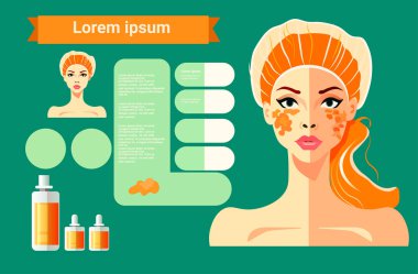Mükemmel makyajlı güzel bir kadın. Güzel makyaj ürünleri. Infographic. Moda konsepti portresi.