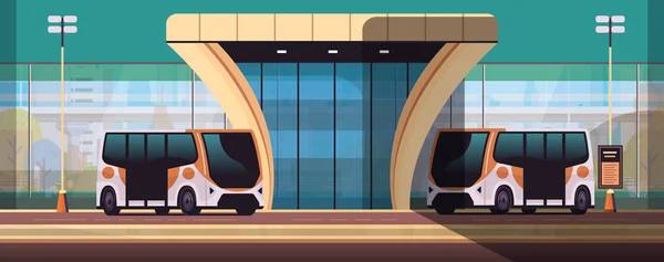 Modern Şehir Ulaşım Istasyonundaki Otobüsler Yolcu Taşıma Terminalini Inşa Ederken — Stok Vektör