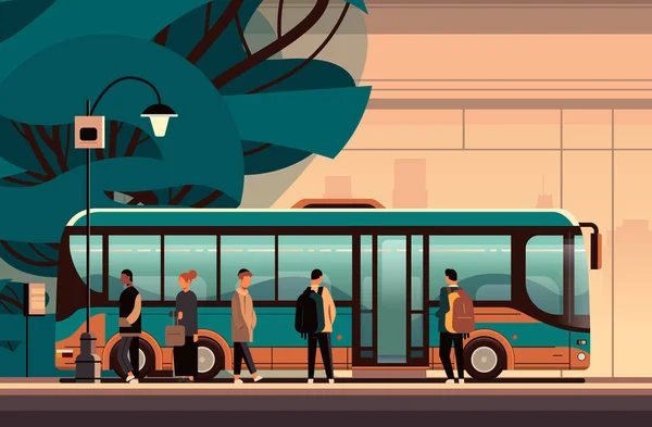 Toplu Taşıma Otobüs Durağındaki Insanlar Konsepti Yatay Şehir Manzarası Arkaplan — Stok Vektör