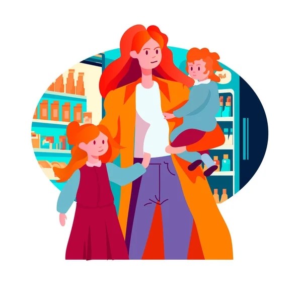 Mère Marche Avec Ses Petites Filles Aimer Parentalité Familiale Concept — Image vectorielle