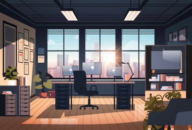 yaratıcı boş hiç kimse apartman dairesi açık uzay ofis modern ofis mobilya ile kurumsal veya serbest iş yatay çizim çizim