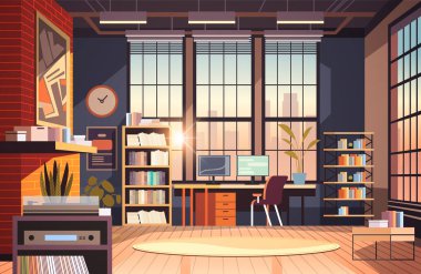 yaratıcı boş hiç kimse apartman dairesi açık uzay ofis modern ofis mobilya ile kurumsal veya serbest iş yatay çizim çizim