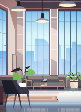 yaratıcı boş hiç kimse apartman dairesi açık uzay ofis modern ofis mobilya ile kurumsal veya serbest çalışma dikey vektör ilüstrasyon