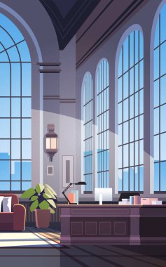 yaratıcı boş hiç kimse apartman dairesi açık uzay ofis modern ofis mobilya ile kurumsal veya serbest çalışma dikey vektör ilüstrasyon