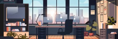 yaratıcı boş hiç kimse apartman dairesi açık uzay ofis modern ofis mobilya ile kurumsal veya serbest iş yatay çizim çizim