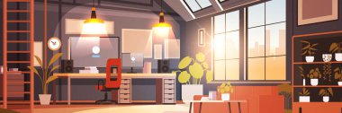 yaratıcı boş hiç kimse apartman dairesi açık uzay ofis modern ofis mobilya ile kurumsal veya serbest iş yatay çizim çizim