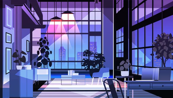 現代的なロフトインテリアの夜のオープンスペースのホームオフィス家具やフリーランスの仕事のための創造的な空の人々のアパートのデザイン水平ベクトルのイラスト — ストックベクタ