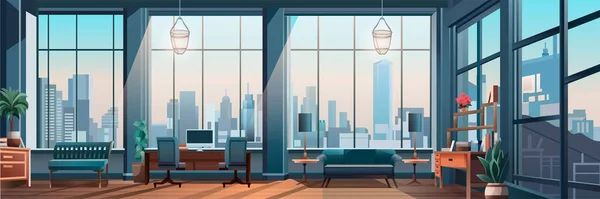 現代のロフトのパノラマビュー企業やフリーランスの仕事のための家具付きのオープンスペースのホームオフィス創造的な空の人々のアパートのデザイン水平方向のベクトルイラスト — ストックベクタ