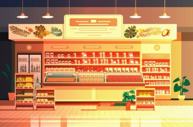 market süpermarketi ürünleri raflar perakende tüketim konsepti modern mağaza iç mekan yatay vektör illüstrasyonu
