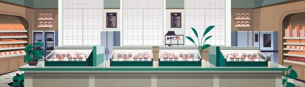 Panadería Vacía Escaparate Tienda Interior Con Pasteles Frescos Dulces Pasteles — Vector de stock