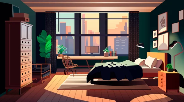 現代の寝室のインテリア誰も住んでいない部屋の水平ベクトルのイラスト — ストックベクタ