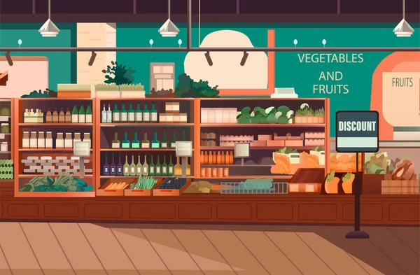 선반에 야채와 유제품 냉장고 일러스트가 식품점 슈퍼마켓 — 스톡 벡터