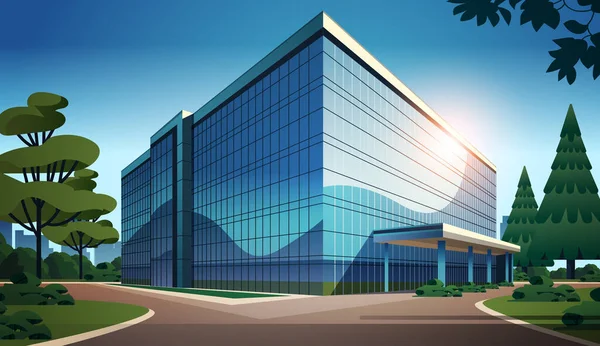 大パノラマ窓ガラスのファサードの街並みを背景に現代的なオフィスビルの外観商業ビジネスセンター水平ベクトルイラスト — ストックベクタ