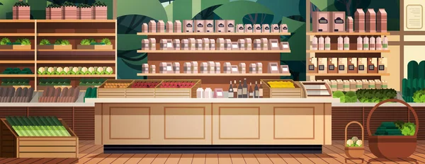 Supermercado Comestibles Con Productos Estantes Concepto Consumismo Por Menor Tienda — Vector de stock