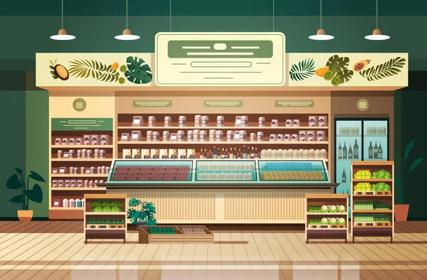 Supermercato Alimentare Con Prodotti Scaffali Consumo Dettaglio Concetto Moderno Negozio — Vettoriale Stock
