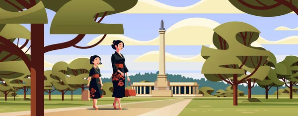 アジア系の母親と小さな娘が一緒に都会の公園を歩く母親の幸せな家族の概念フル長さの水平ベクトルイラスト — ストックベクタ