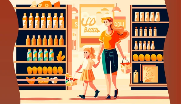 妈妈和小女儿在超市购物 带着手推车家庭的产品在商店里买东西现代市场内部横向全长矢量插图 — 图库矢量图片