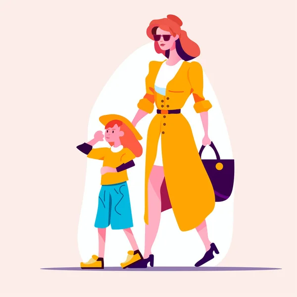 Mère Marche Avec Petite Fille Aimer Parentalité Familiale Concept Garde — Image vectorielle