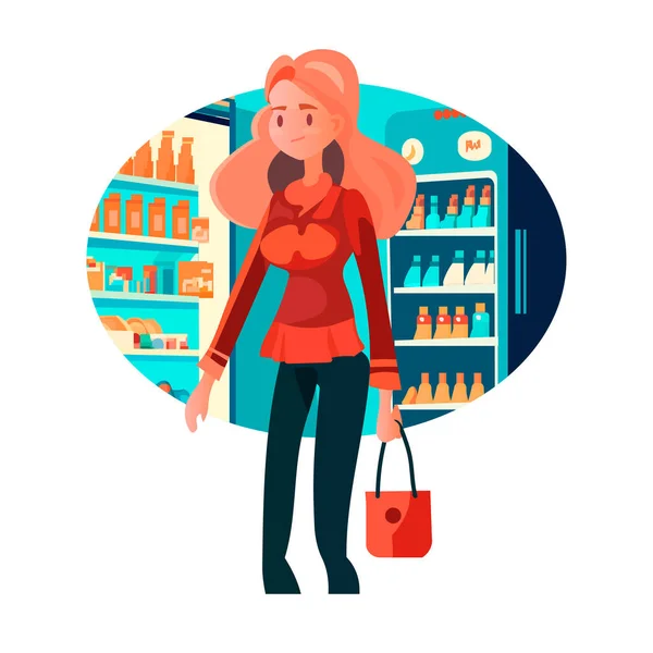 Жінка Покупки Супермаркеті Дівчина Магазині Покупка Продуктового Сучасного Ринку Інтер — стоковий вектор