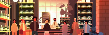 Erkek doktor eczacı, eczane tezgahındaki hastalara ilaç veriyor. Modern eczane iç hastalıkları iç sağlık konsepti yatay vektör çizimi.