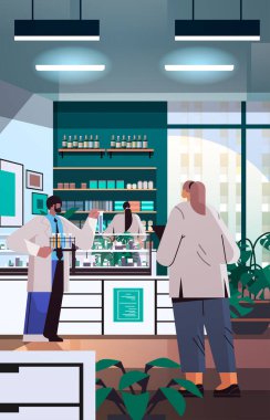 Üniformalı bilim adamları laboratuvar dikey vektör çiziminde kimyasal deneyler yapıyor.