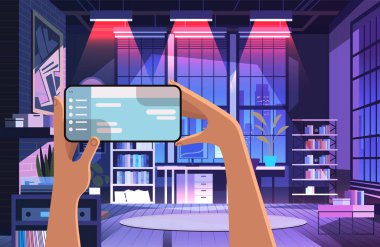 Akıllı telefon sosyal medya iletişimini kullanan iş adamları çalışma süreci kavramı modern ofis içi yatay vektör çizimi