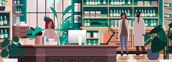 Фармацевти Аптеці Протистоять Сучасній Аптеці Внутрішня Медицина Концепція Охорони Здоров — стоковий вектор