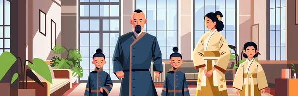 의상을 거실에서 가족의 부모가 전통적 모습을 아시아인 초상화 일러스트 — 스톡 벡터